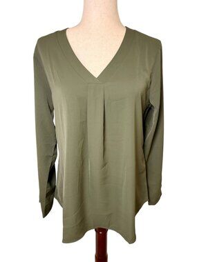 Youtalia Olive Green V-Neck Long Sleeve Pleated Blouse NWT Size Medium